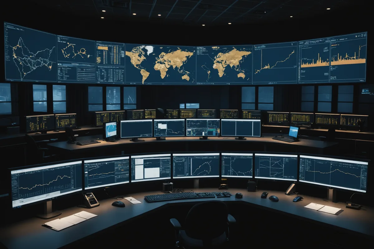 Freight operations desk with shipping route displays and carrier coordination screens
